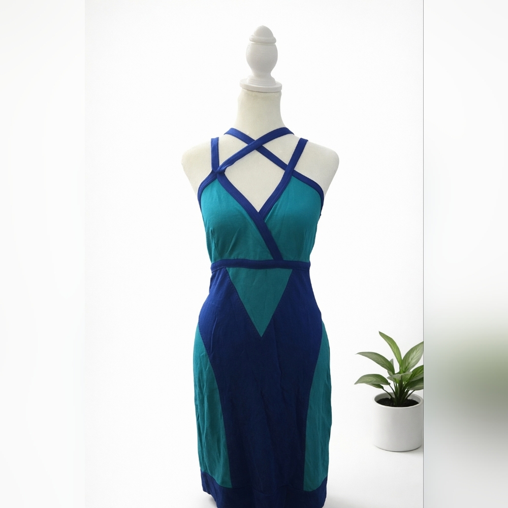 VENUS Blue and Teal Cross-Strap Sheath Dress - Picture 3 of 5